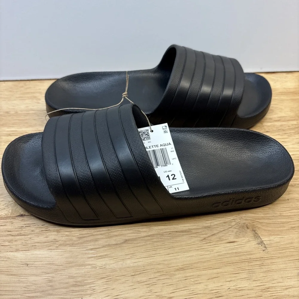 Adidas Adilette Aqua Slides 3 Stripe Black Mens Size 11 Womens 12 New In Box